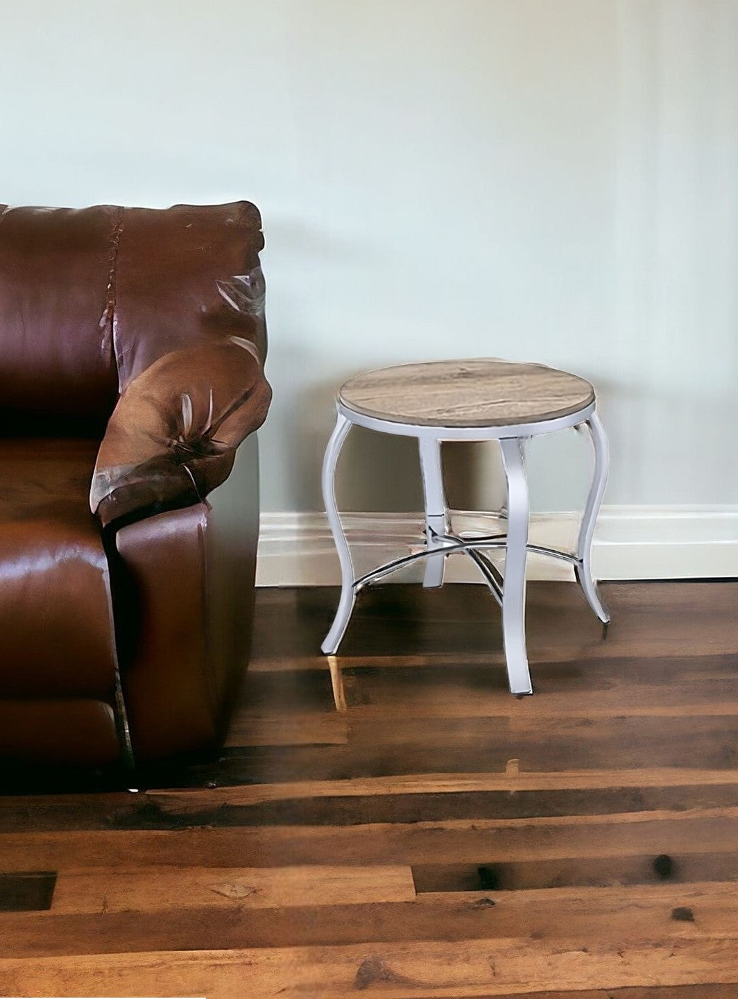 19" Gray And Brown Wood And Stainless Steel Round End Tables