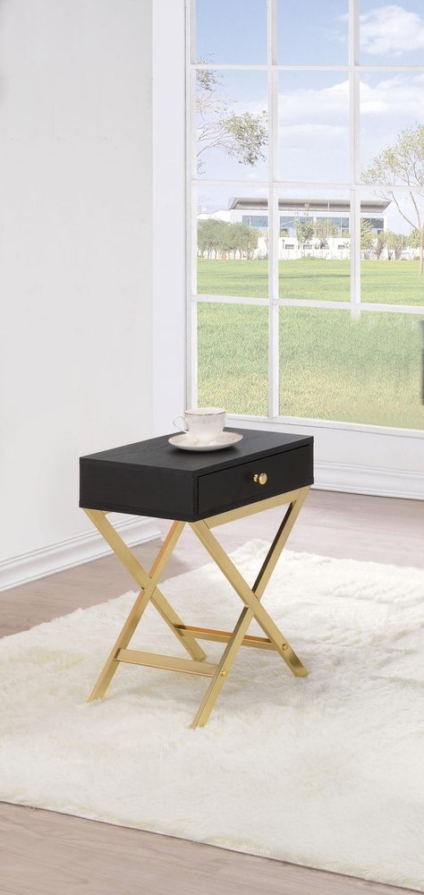 24" Black And Gold Solid Wood And Brass Cross Legs End Table With Drawer