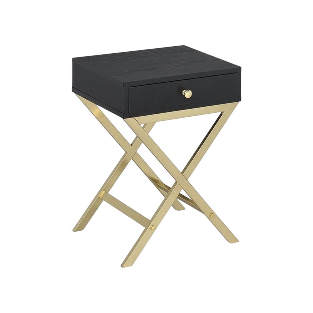 24" Black And Gold Solid Wood And Brass Cross Legs End Table With Drawer