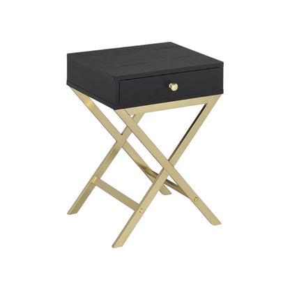 24" Black And Gold Solid Wood And Brass Cross Legs End Table With Drawer