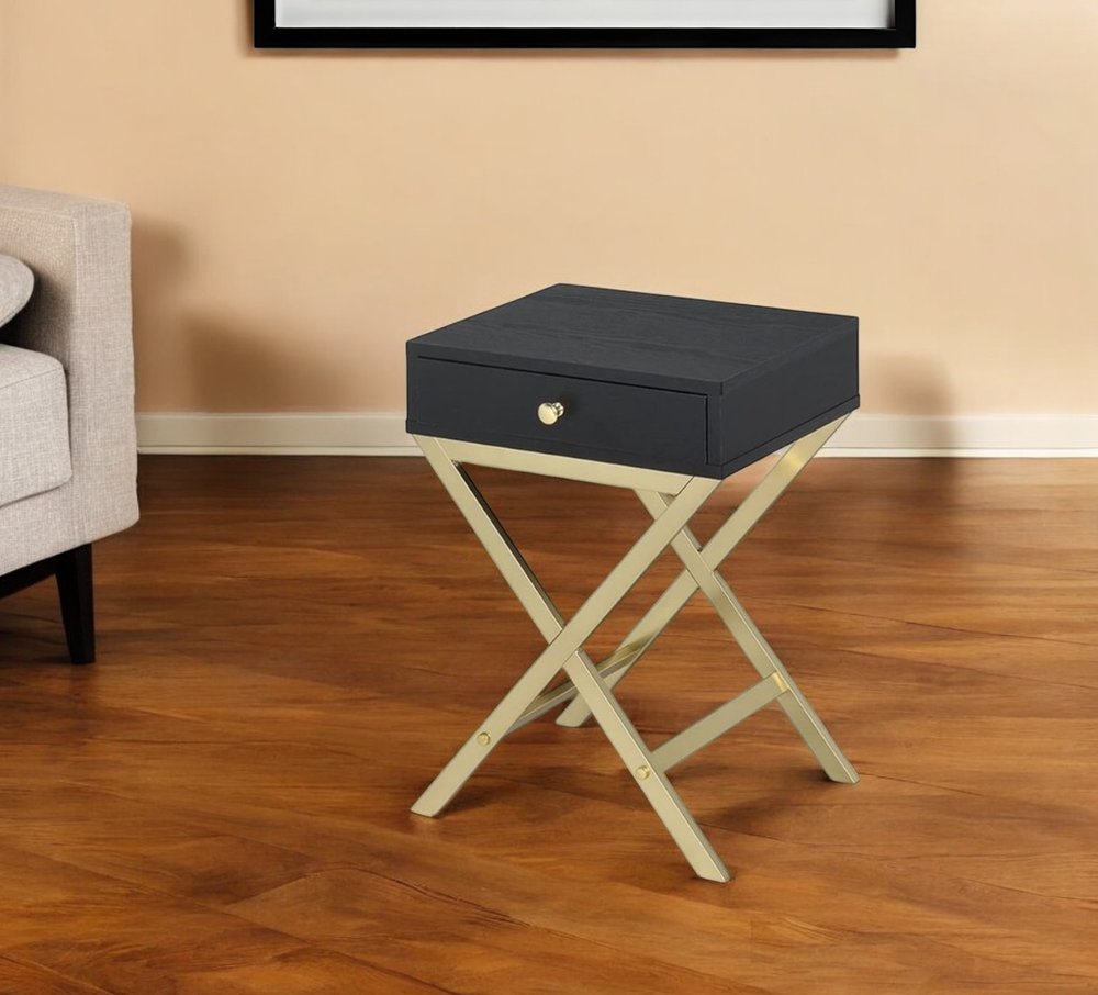 24" Gold And Black Solid Wood End Table With Drawer