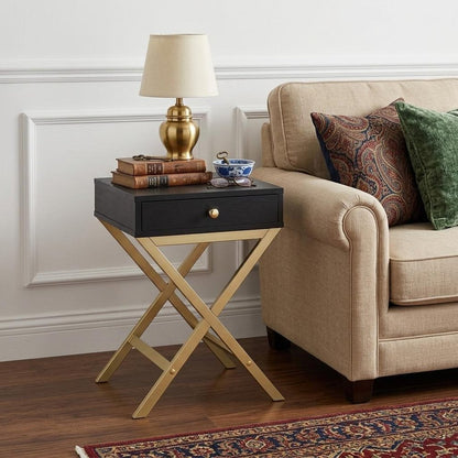 24" Gold And White Solid Wood End Table With Drawer