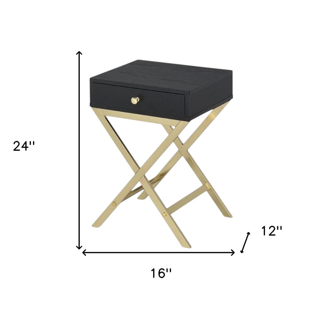 24" Black And Gold Solid Wood And Brass Cross Legs End Table With Drawer