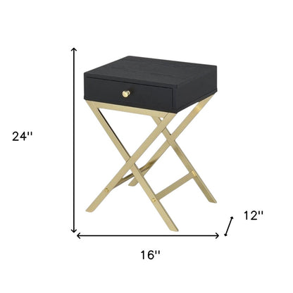 24" Black And Gold Solid Wood And Brass Cross Legs End Table With Drawer