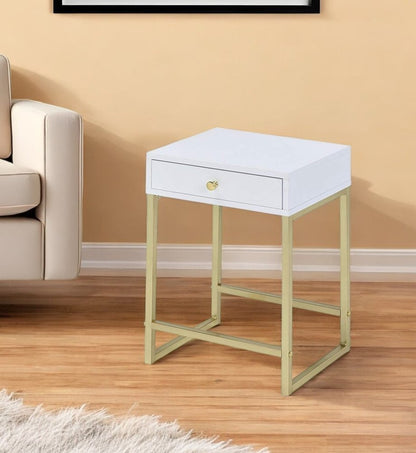 24" Gold And Black Solid Wood End Table With Drawer