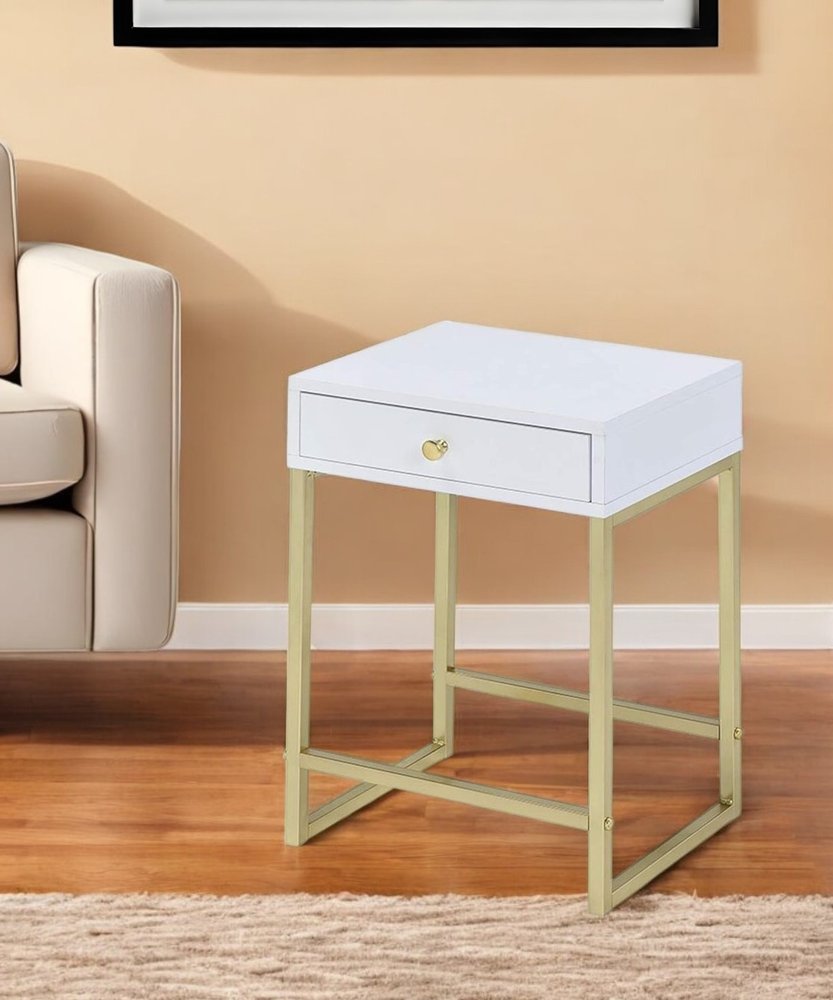 24" Gold And Black Solid Wood End Table With Drawer