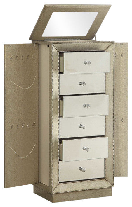 38" White Six Drawer Wood and Mirrored Glass Jewelry Armoire