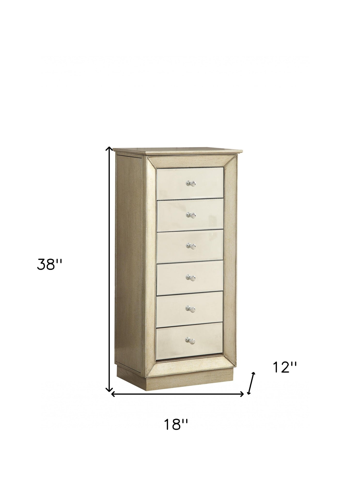 38" White Six Drawer Wood and Mirrored Glass Jewelry Armoire