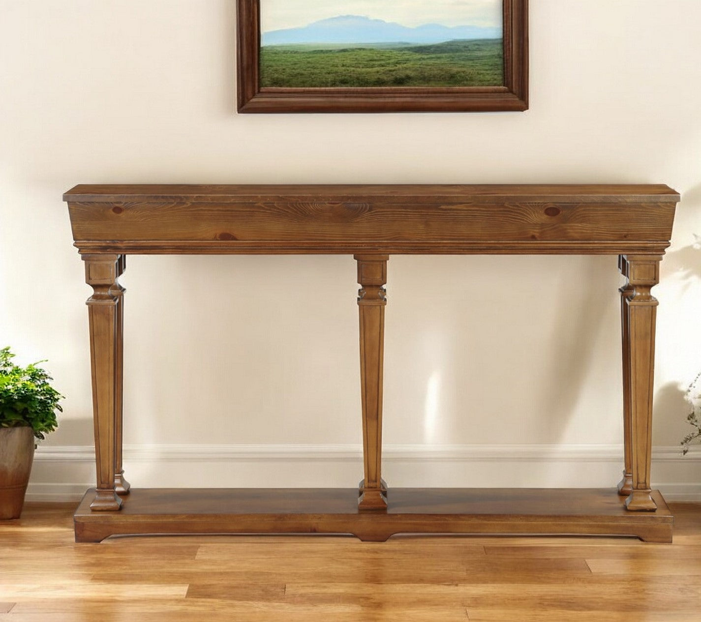 72" Oak Wood Floor Shelf Console Table With Shelves