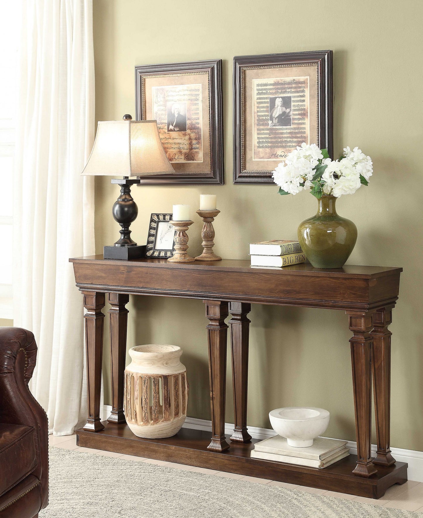 72" Oak Wood Floor Shelf Console Table With Shelves