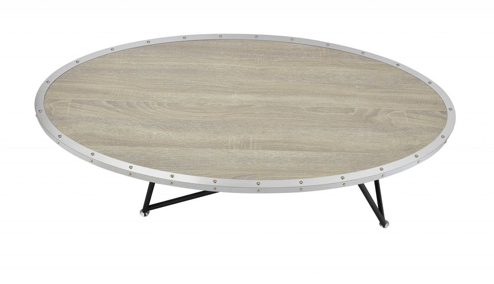 46" Gray and Black Wood and Iron Oval Coffee Table