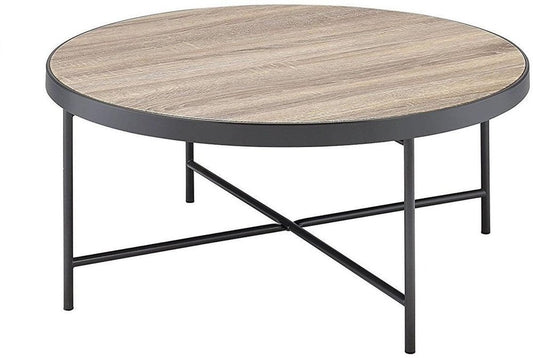 32" Brown and Black Wood And Iron Round Coffee Table