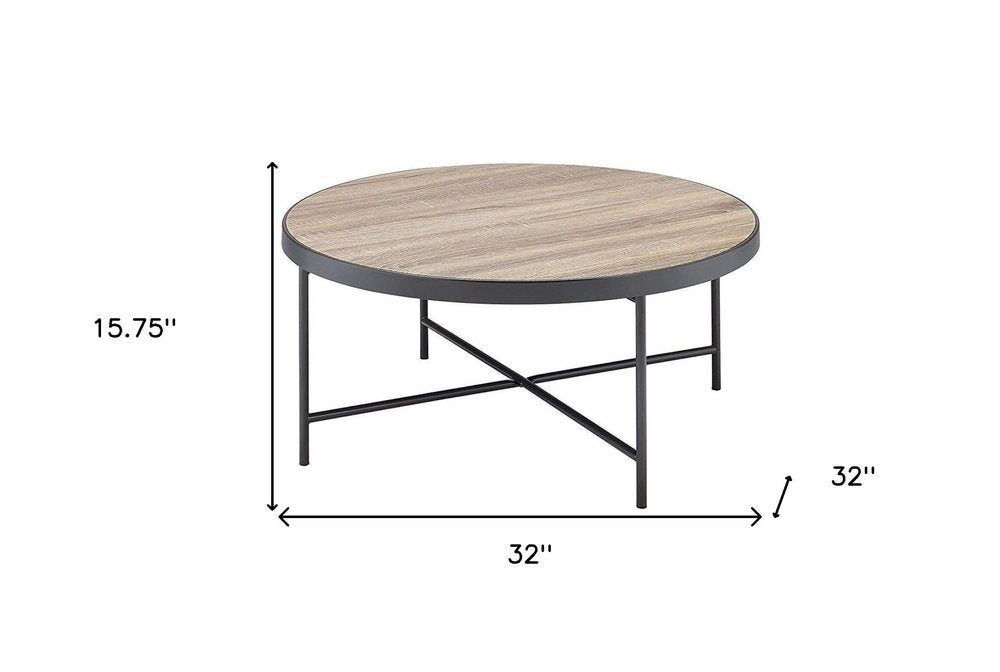 32" Brown and Black Wood And Iron Round Coffee Table