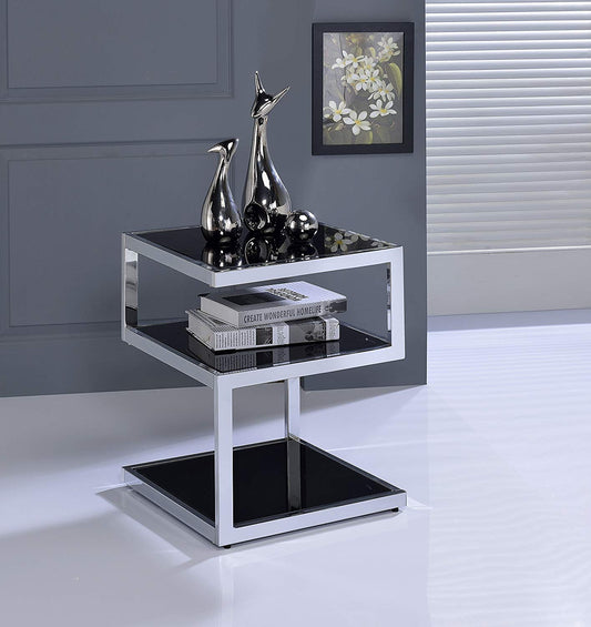21" Silver And Black Tempered Glass Square End Table With Two Shelves