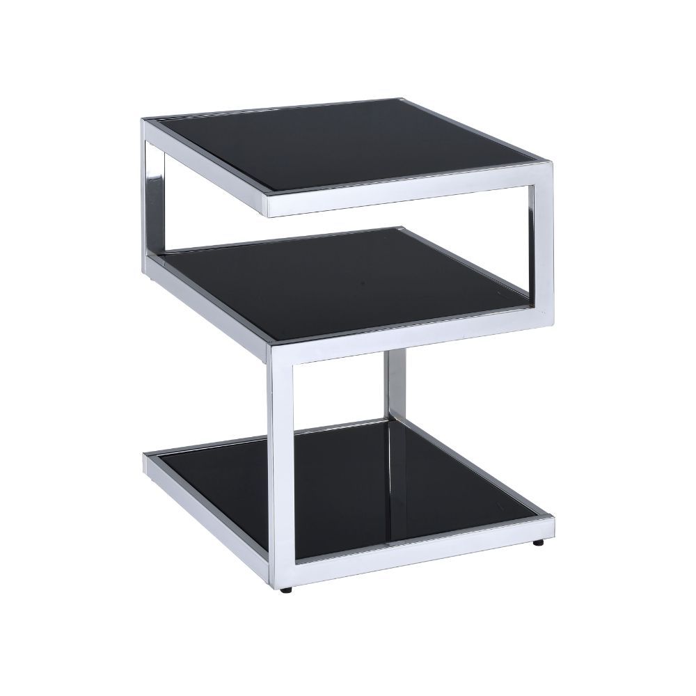 21" Silver And Black Tempered Glass Square End Table With Two Shelves