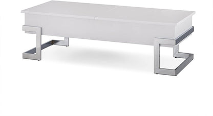 47" White and Silver Wood And Metal Lift Top Sled Coffee Table
