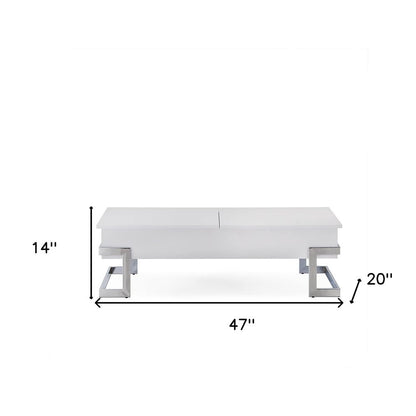 47" White and Silver Wood And Metal Lift Top Sled Coffee Table