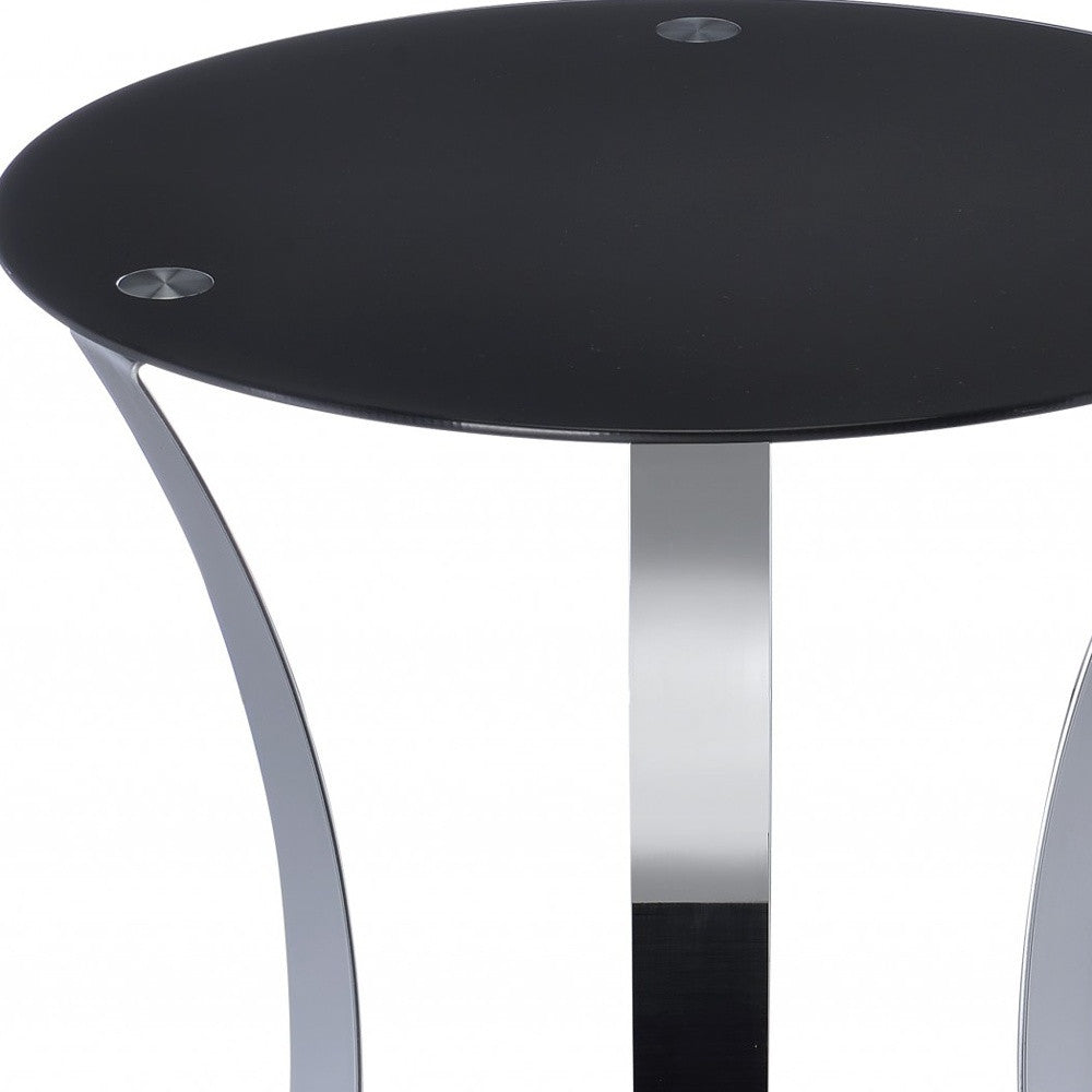 20" Silver And Black Mirrored Glass And Iron Round End Table With Shelf