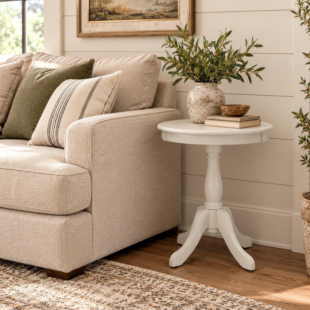 22" White Wood And Solid Wood Round Pedestal End Table