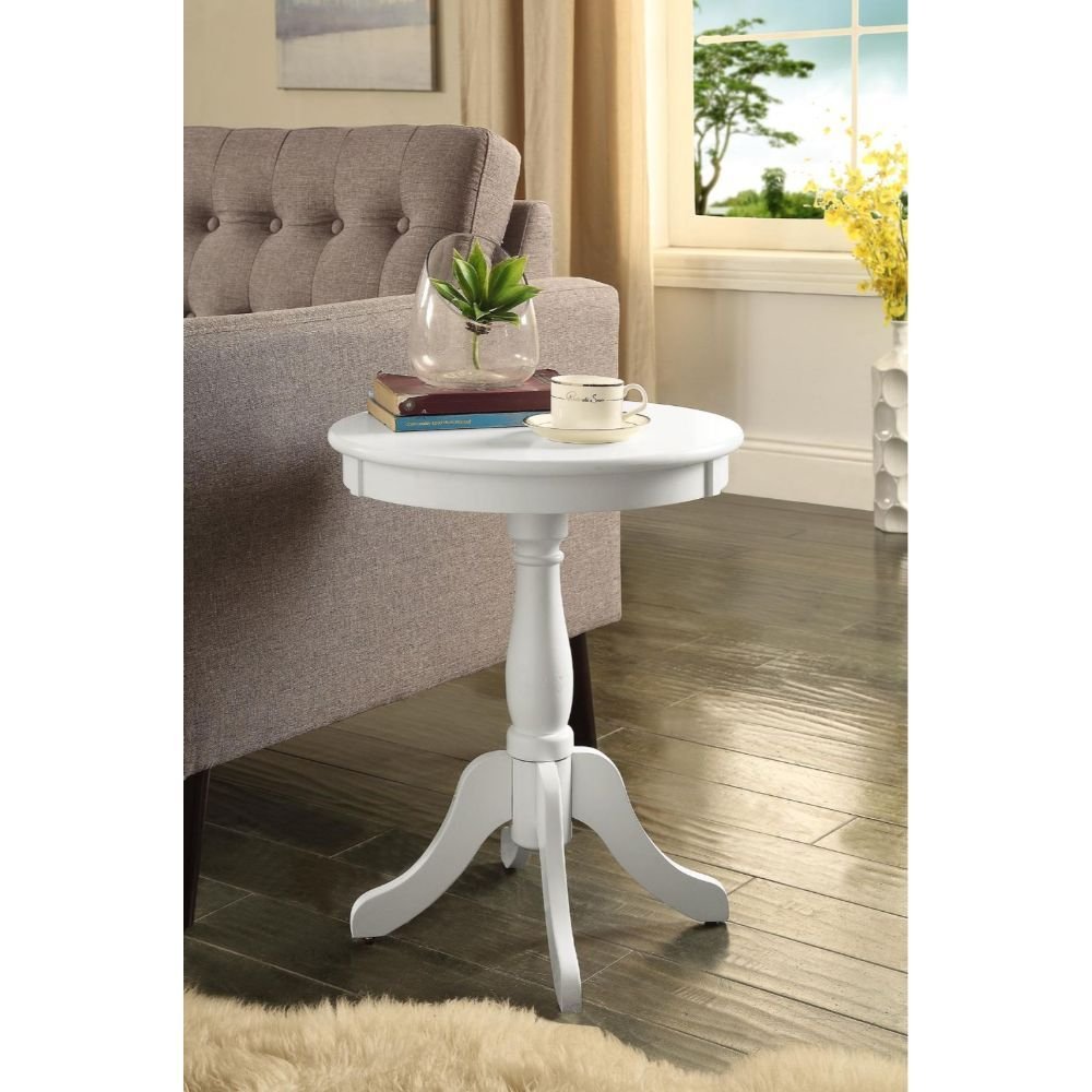 22" White Wood And Solid Wood Round Pedestal End Table
