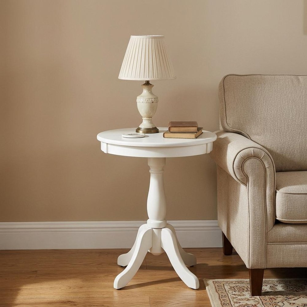 22" White Wood And Solid Wood Round Pedestal End Table