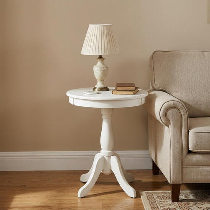 22" White Wood And Solid Wood Round Pedestal End Table