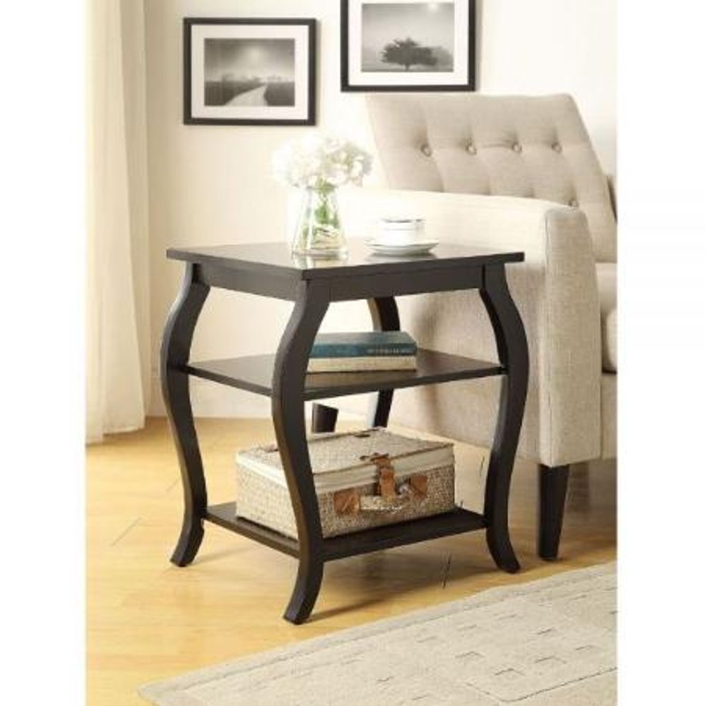 23" Brown Wood Bow Leg End Table With Two Shelves