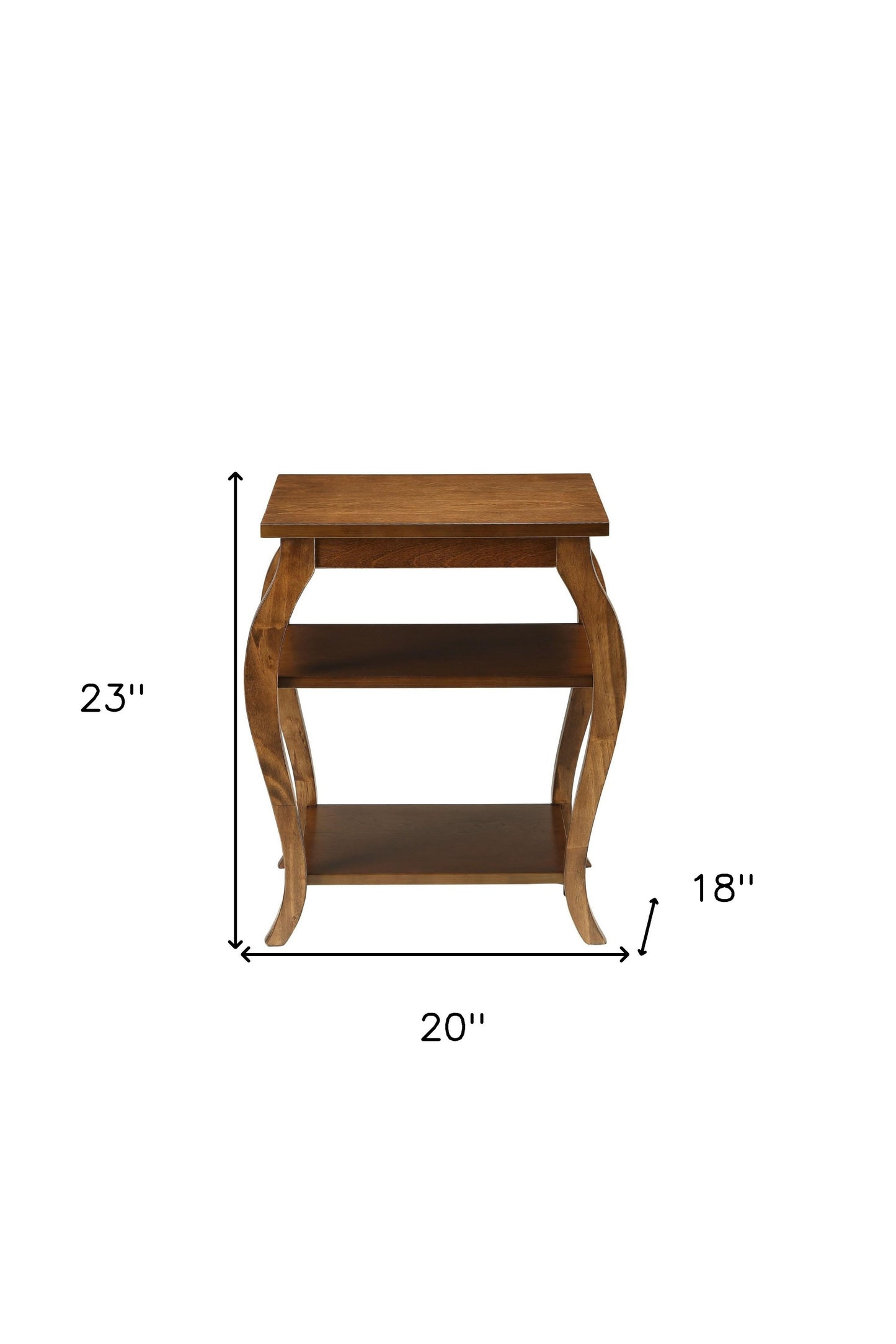 23" Brown Wood Bow Leg Square End Table With Two Shelves