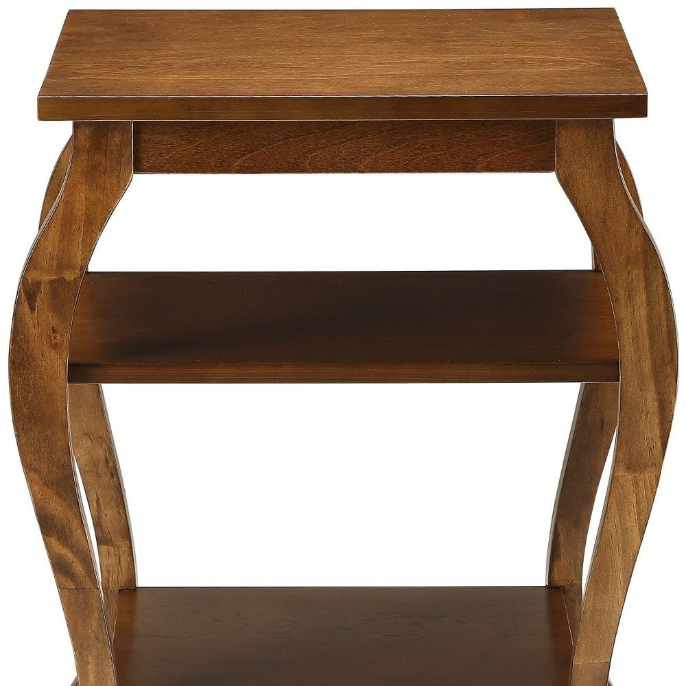 23" Brown Wood Bow Leg End Table With Two Shelves