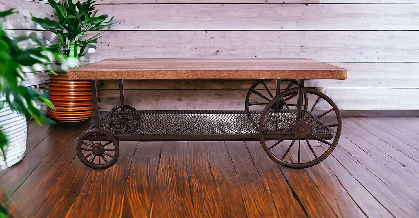 Rectangular Oak Finish Coffee Table With Metal Mesh Bottom Shelf