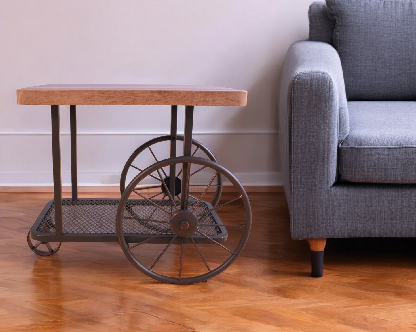 22" Bronze And Oak Distressed Wood And Iron End Table With Shelf