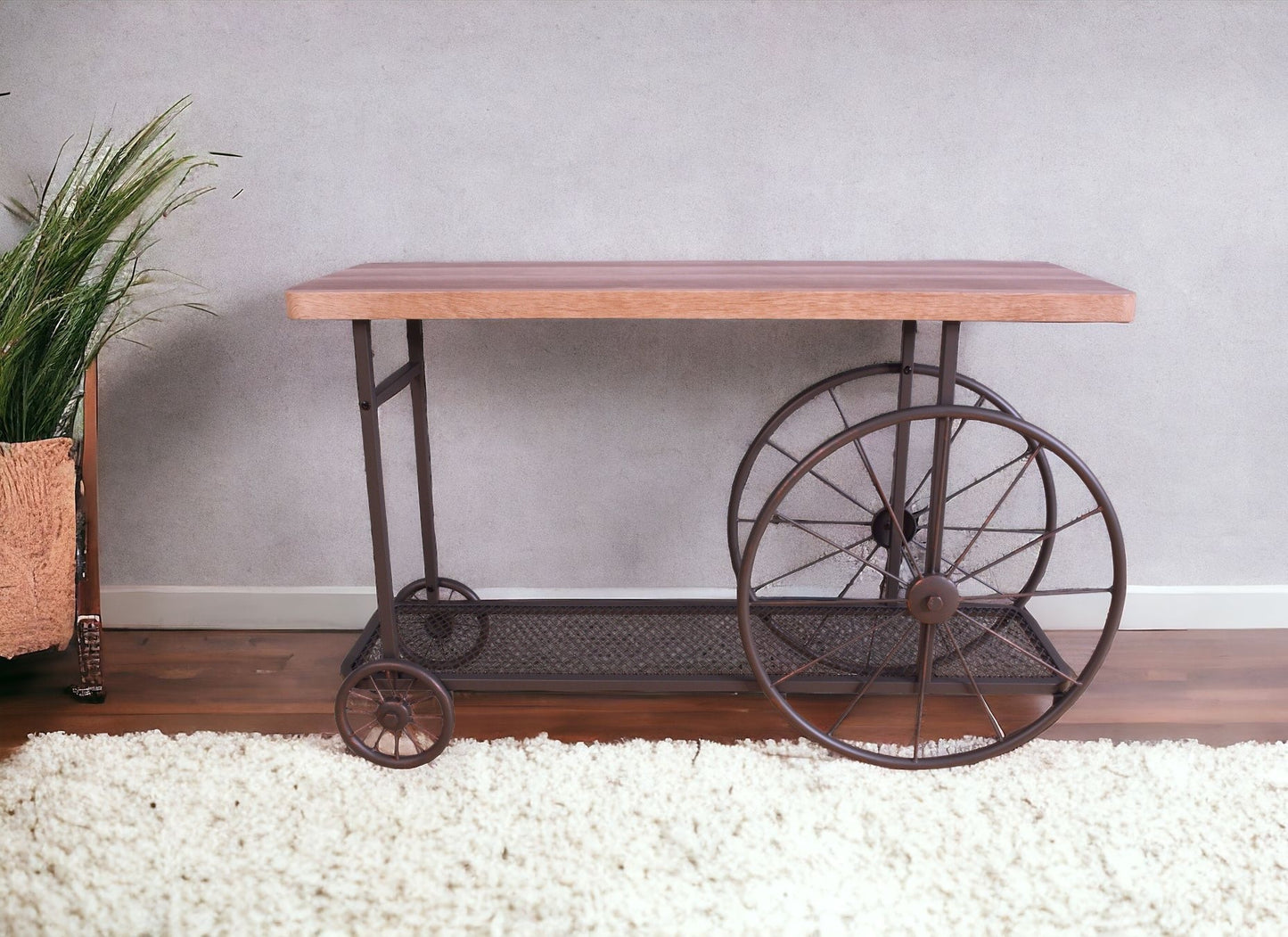 49" Brown Solid Wood And Iron Coffee Table With Shelf