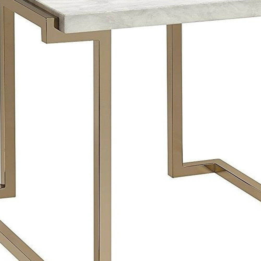 24" Gold And White Faux Marble And Stainless Steel End Table