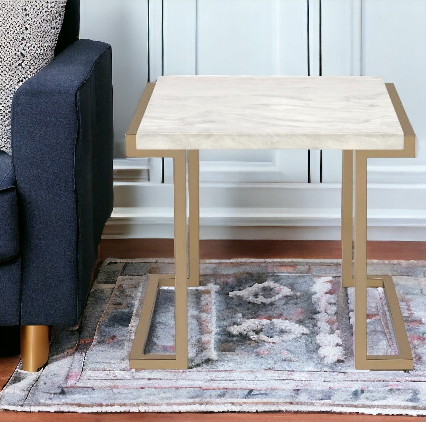 24" Gold And White Faux Marble And Stainless Steel End Table