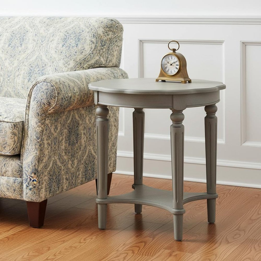 24" Antiqued White Distressed Wood Round End Table With Shelf