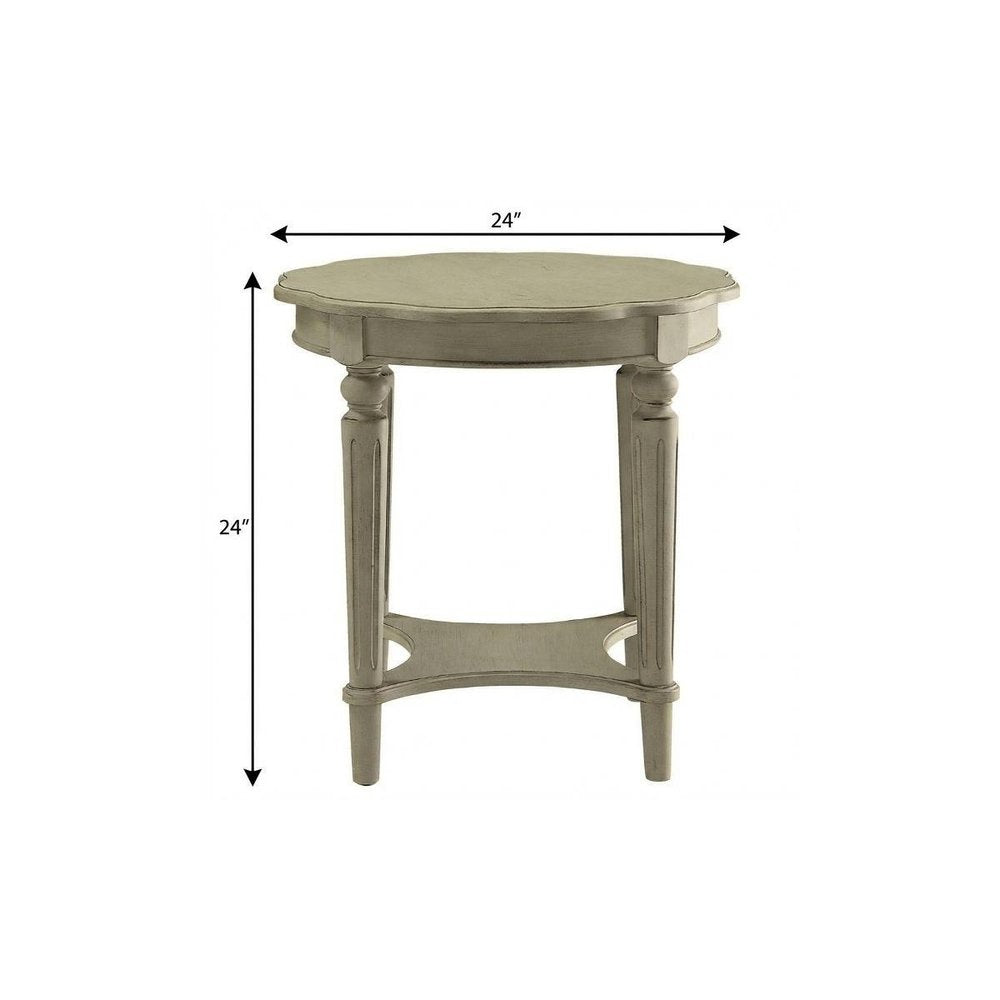 24" Antiqued White Distressed Wood Round End Table With Shelf