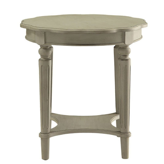 24" Antiqued White Distressed Wood Round End Table With Shelf