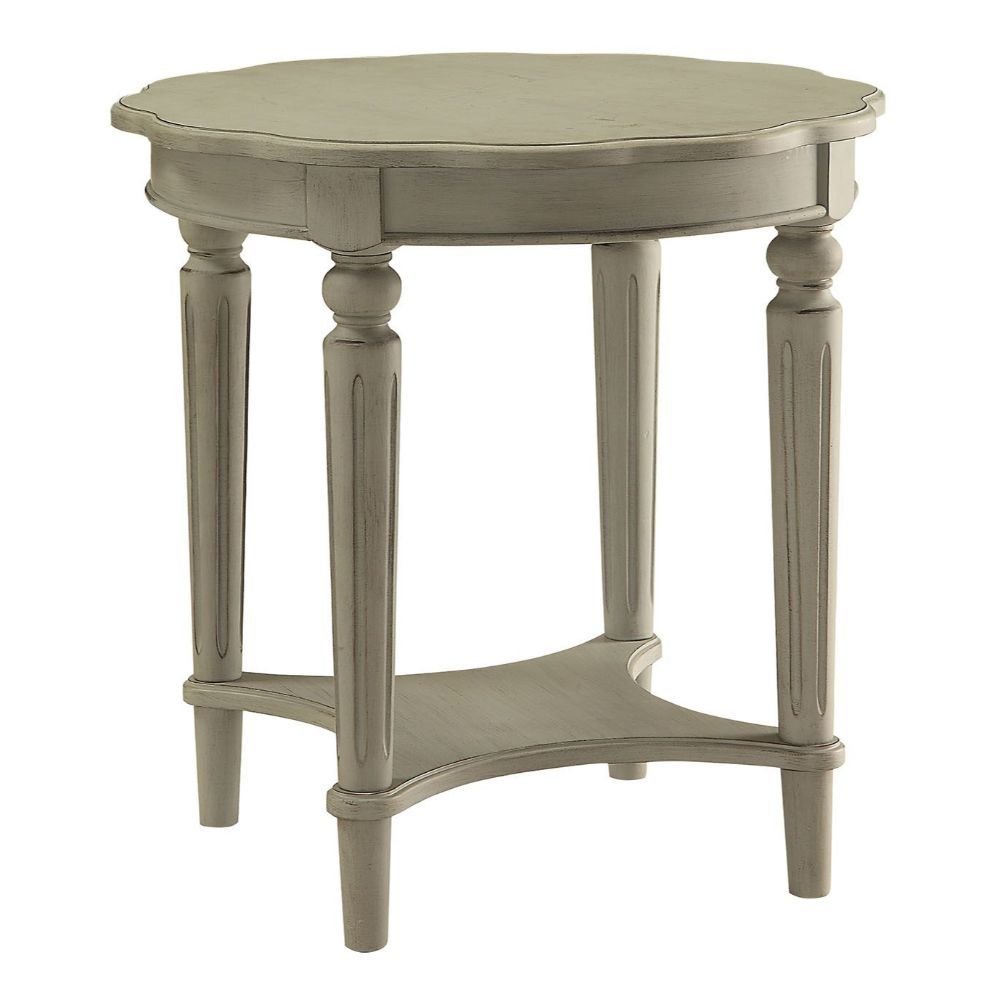 24" Antiqued White Distressed Wood Round End Table With Shelf