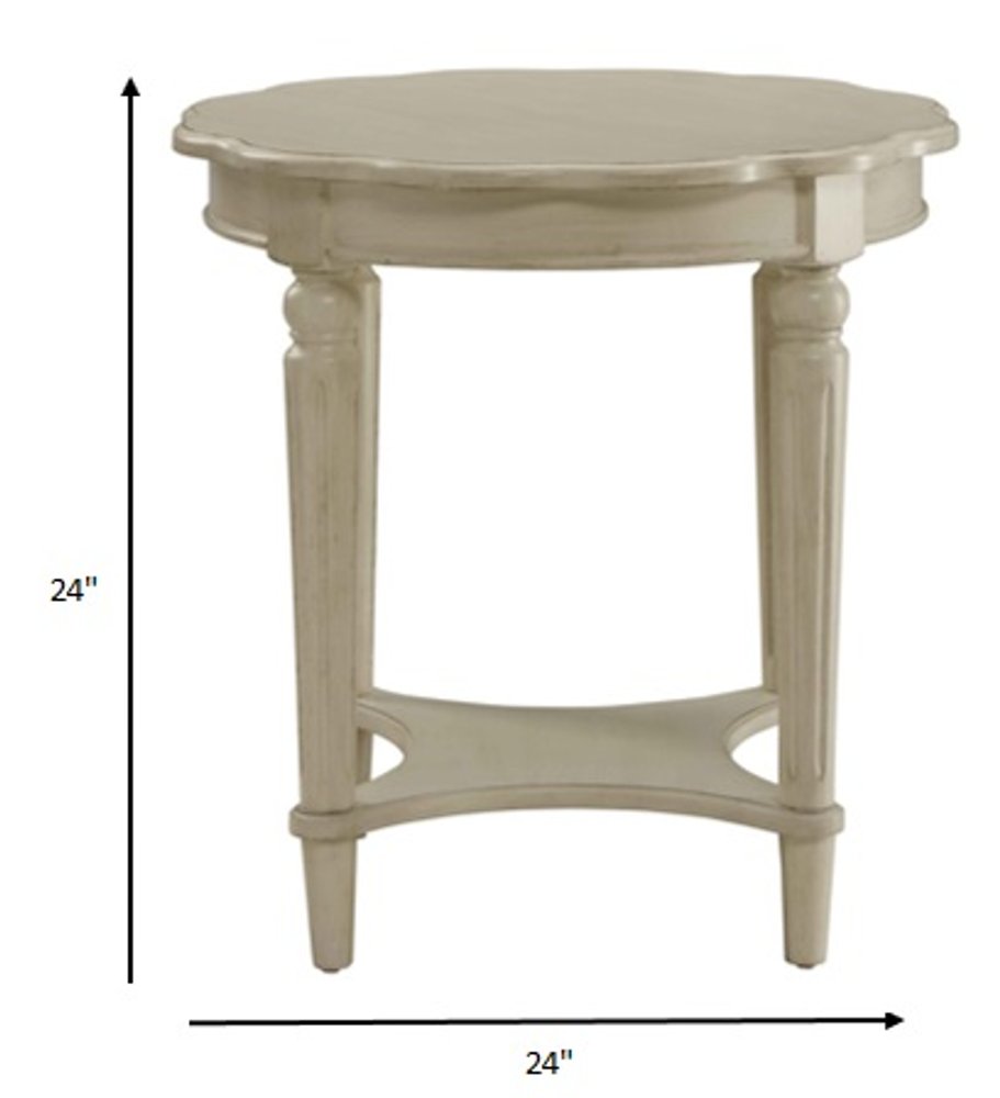 24" Antiqued White Distressed Wood Round End Table With Shelf