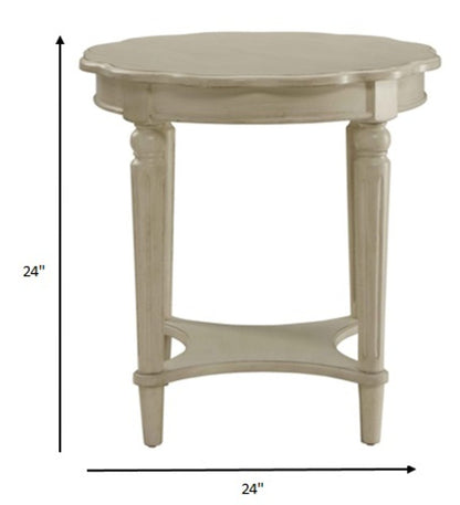 24" Antiqued White Distressed Wood Round End Table With Shelf