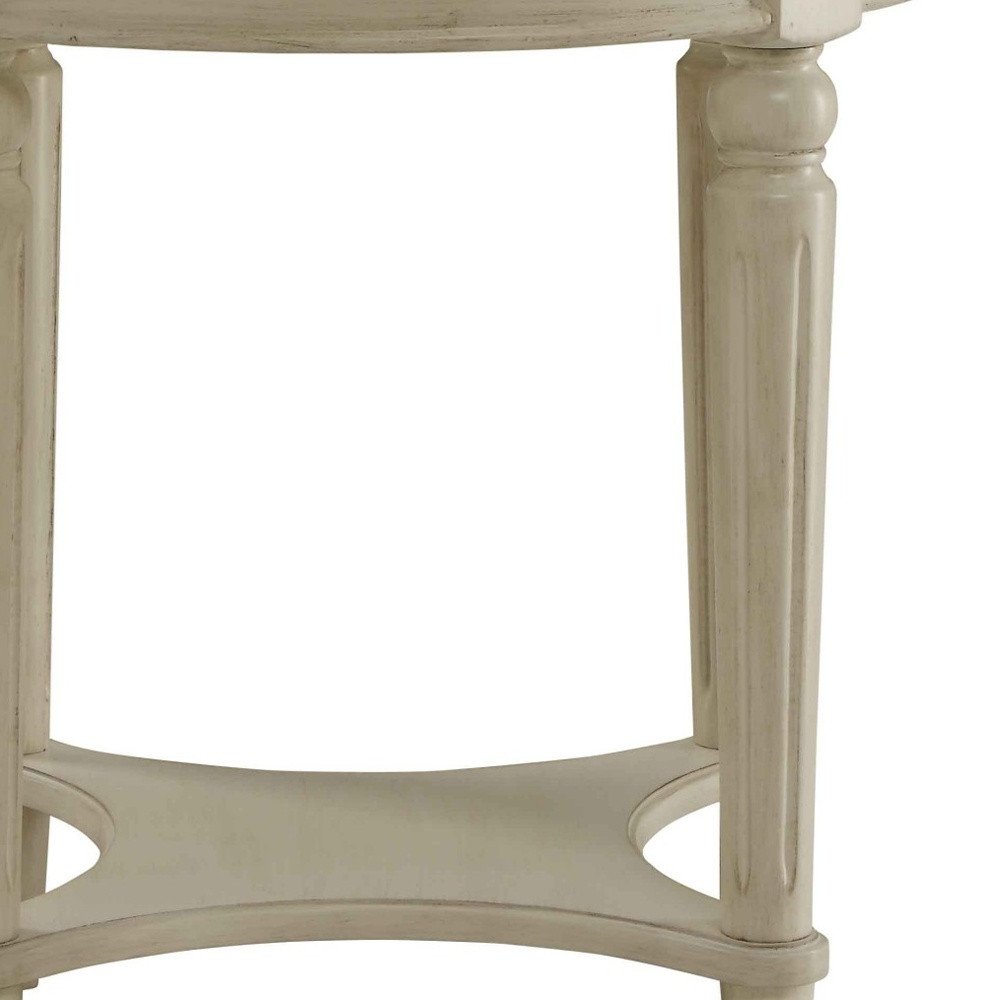 24" Antiqued White Distressed Wood Round End Table With Shelf