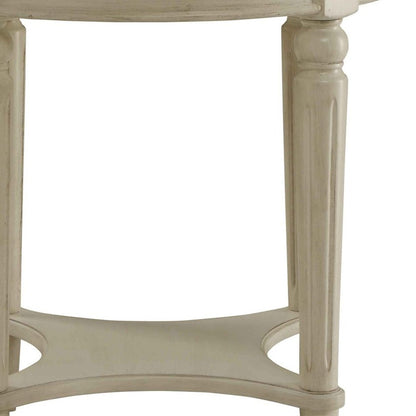 24" Antiqued White Distressed Wood Round End Table With Shelf