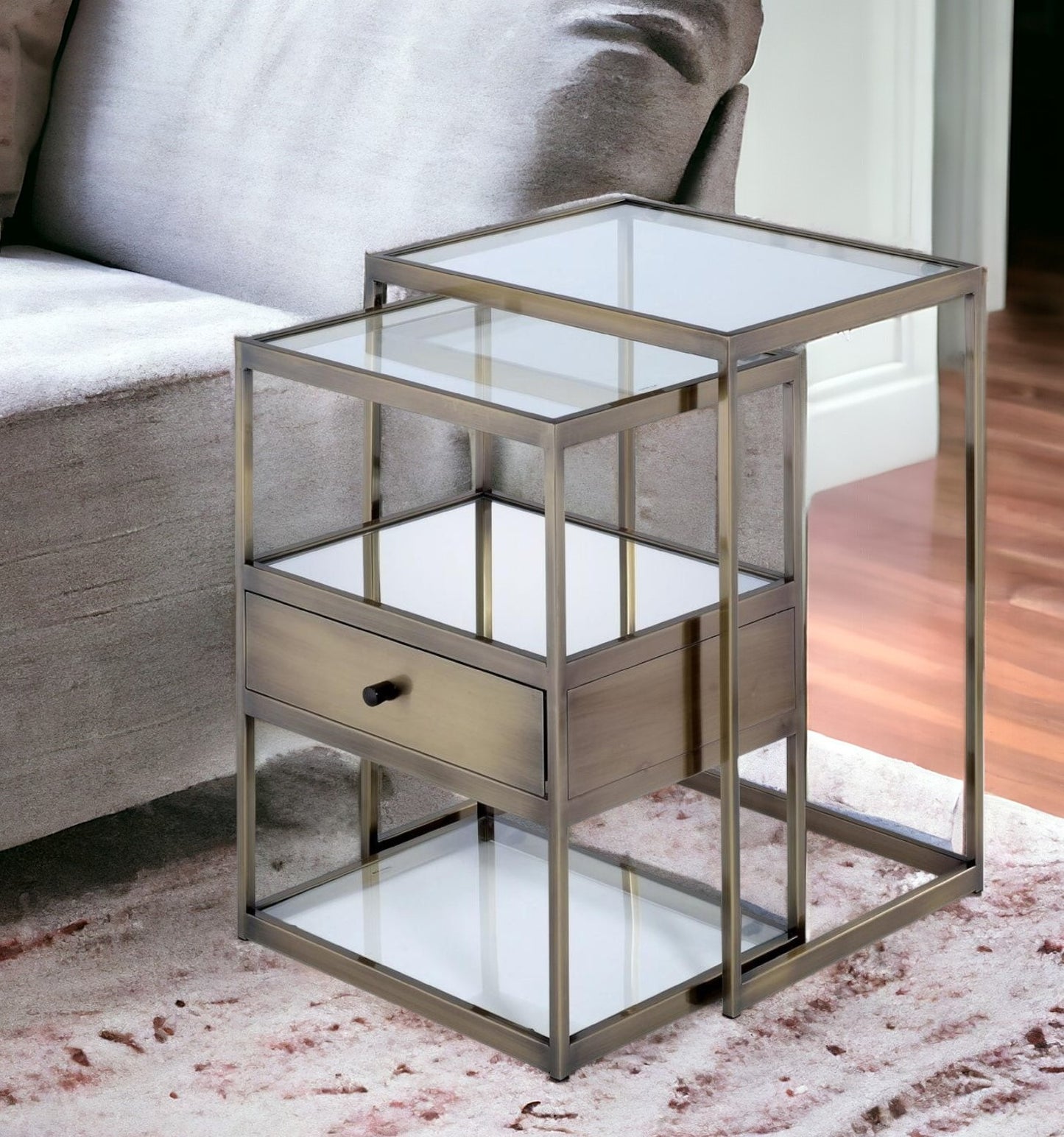 26" Antique Brass And Clear Glass End Table With Two Shelves With Magazine Holder