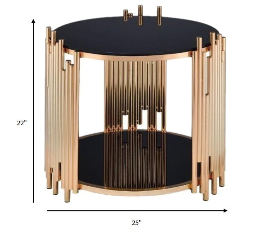 22" Gold And Black Glass And Iron Round End Table With Shelf