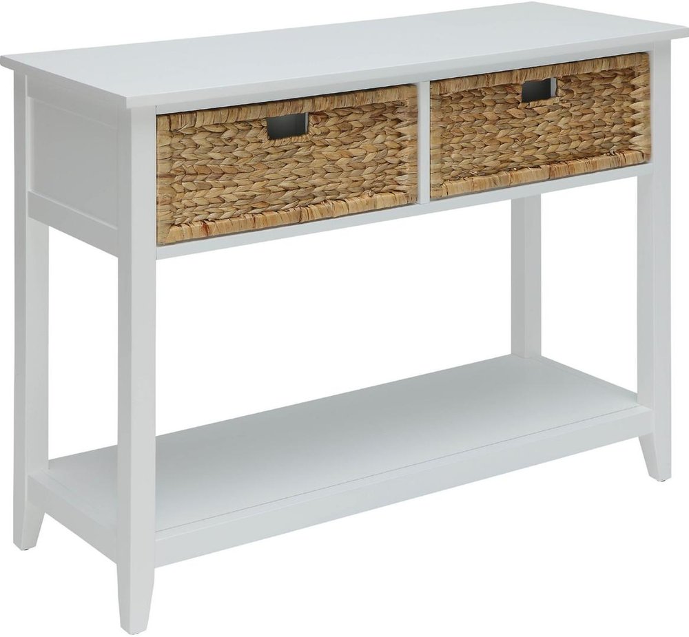 44" White and Natural Solid Wood Console Table With Shelves And Drawers