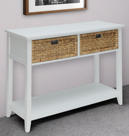 44" White and Natural Solid Wood Console Table With Shelves And Drawers