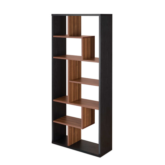 71" Brown and Black Solid Wood Nine Tier Etagere Bookcase