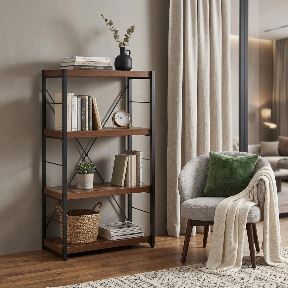 43" Black And Brown Distressed Metal and Wood Three Tier Etagere Bookcase