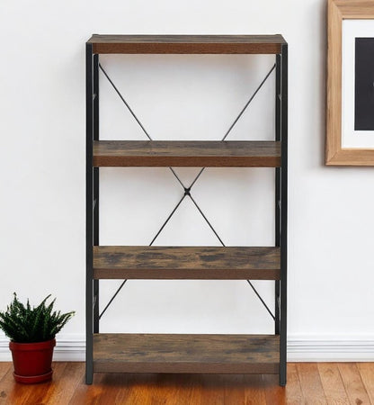 43" Black And Brown Distressed Metal and Wood Three Tier Etagere Bookcase
