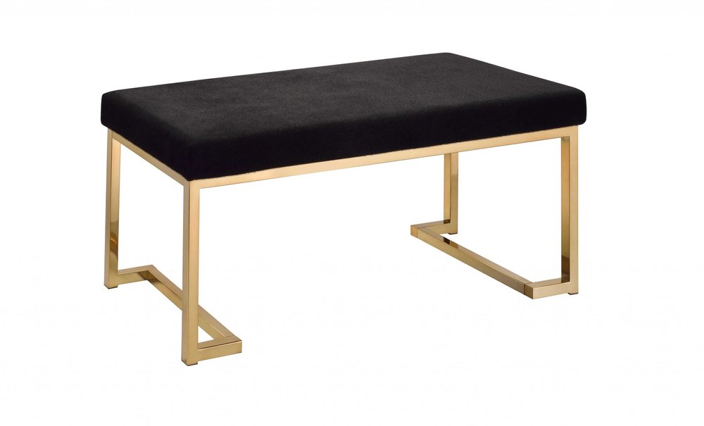 40" Black And Champagne Faux Fur And Metal Upholstered Bench